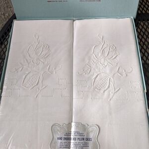 Vintage Heritage Hand Embroidered White On White Roses Cotton Pillow Cases NOS